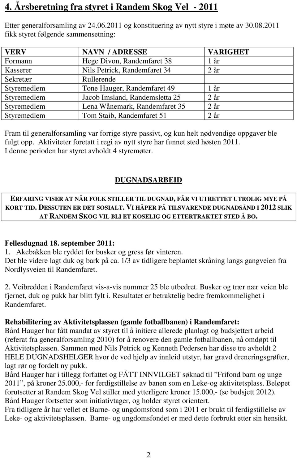 Randemfaret 49 1 år Styremedlem Jacob Imsland, Randemsletta 25 2 år Styremedlem Lena Wånemark, Randemfaret 35 2 år Styremedlem Tom Staib, Randemfaret 51 2 år Fram til generalforsamling var forrige