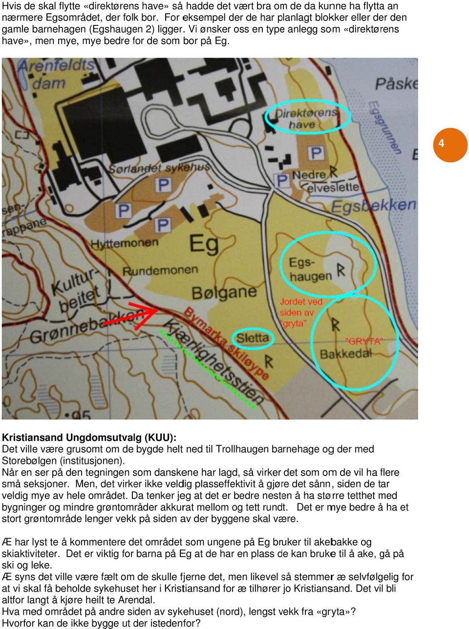 4 Kristiansand Ungdomsutvalg (KUU): Det ville være grusomt om de bygde helt ned til Trollhaugen barnehage ogg der med Storebølgen (institusjonen).
