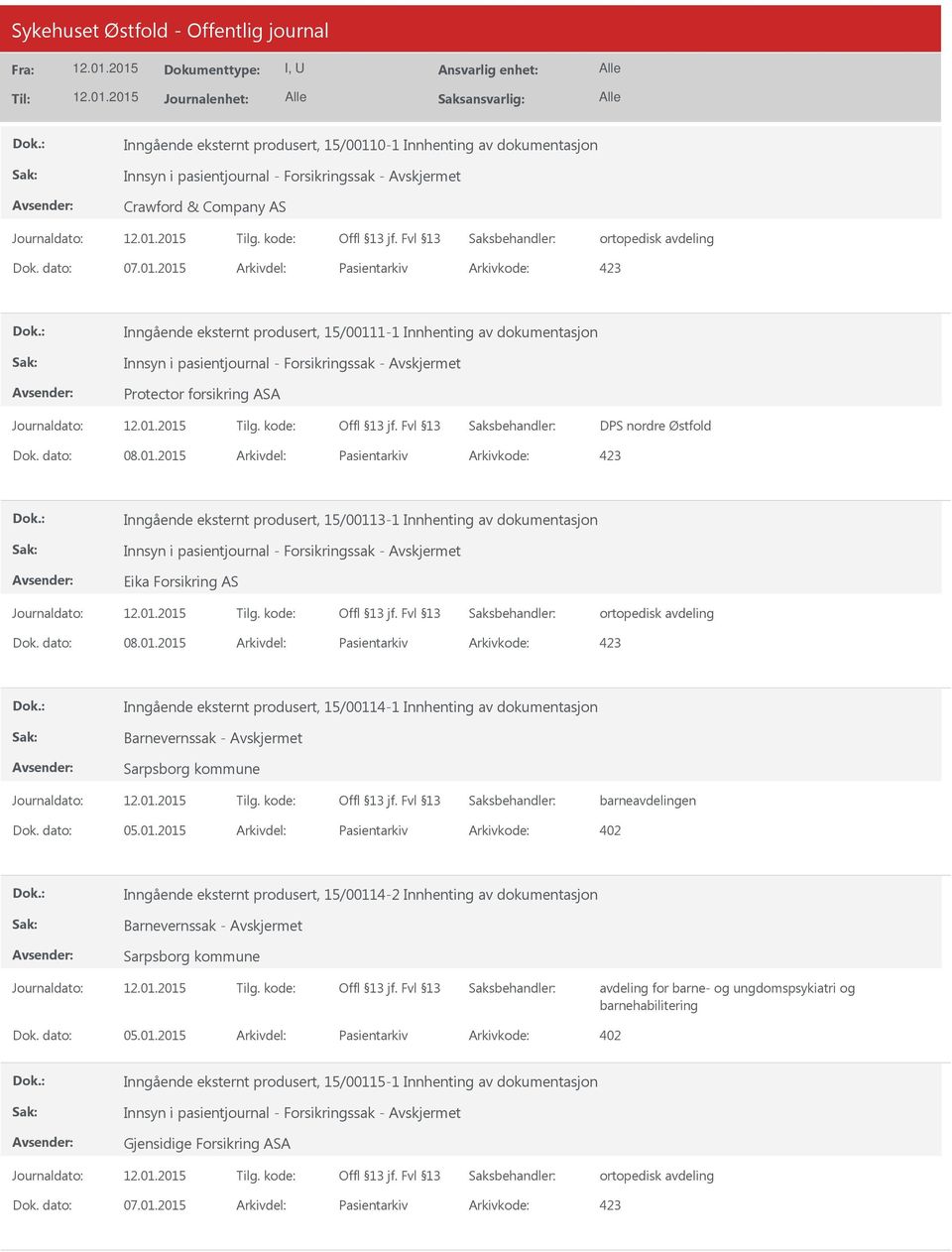 dato: 05.01.2015 Arkivdel: Pasientarkiv Arkivkode: 402 Inngående eksternt produsert, 15/00114-2 Innhenting av dokumentasjon Sarpsborg kommune Dok. dato: 05.01.2015 Arkivdel: Pasientarkiv Arkivkode: 402 Inngående eksternt produsert, 15/00115-1 Innhenting av dokumentasjon Gjensidige Forsikring ASA