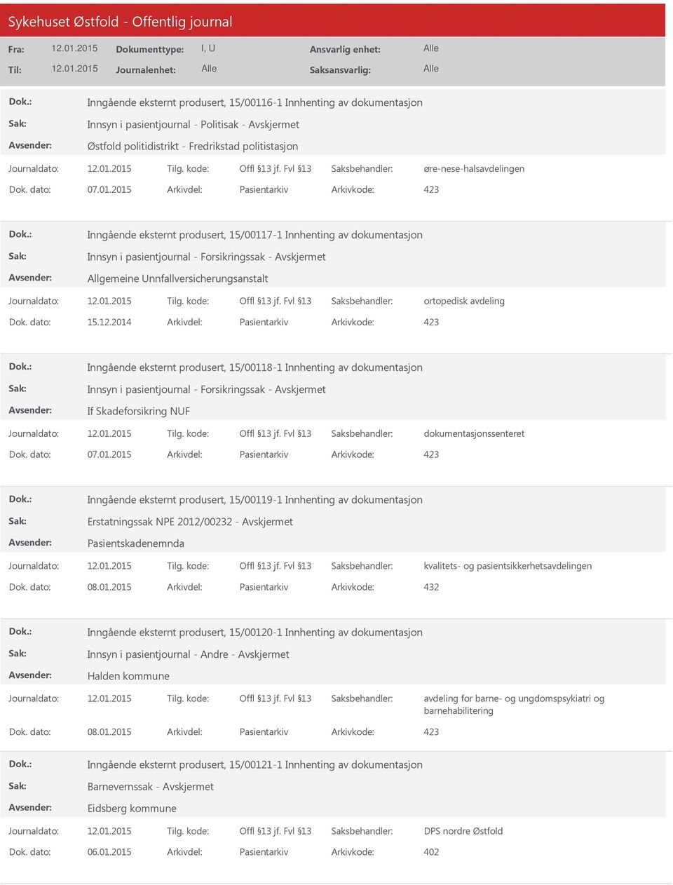 2014 Arkivdel: Pasientarkiv Arkivkode: 423 Inngående eksternt produsert, 15/00118-1 Innhenting av dokumentasjon If Skadeforsikring NF dokumentasjonssenteret Inngående eksternt produsert, 15/00119-1