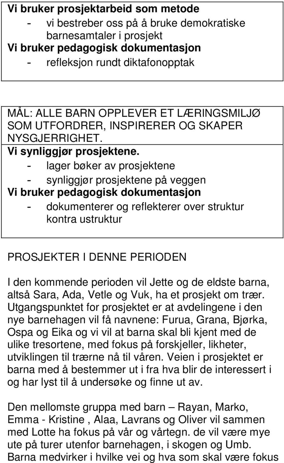 - lager bøker av prosjektene - synliggjør prosjektene på veggen Vi bruker pedagogisk dokumentasjon - dokumenterer og reflekterer over struktur kontra ustruktur PROSJEKTER I DENNE PERIODEN I den