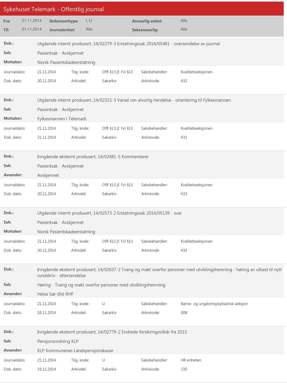 dato: Arkivdel: Sakarkiv Arkivkode: 431 Inngående eksternt produsert, 14/02481-5 Kommentarer Pasientsak - Arkivkode: 433 Utgående internt produsert, 14/02573-2 Erstatningssak 2014/05139 - svar