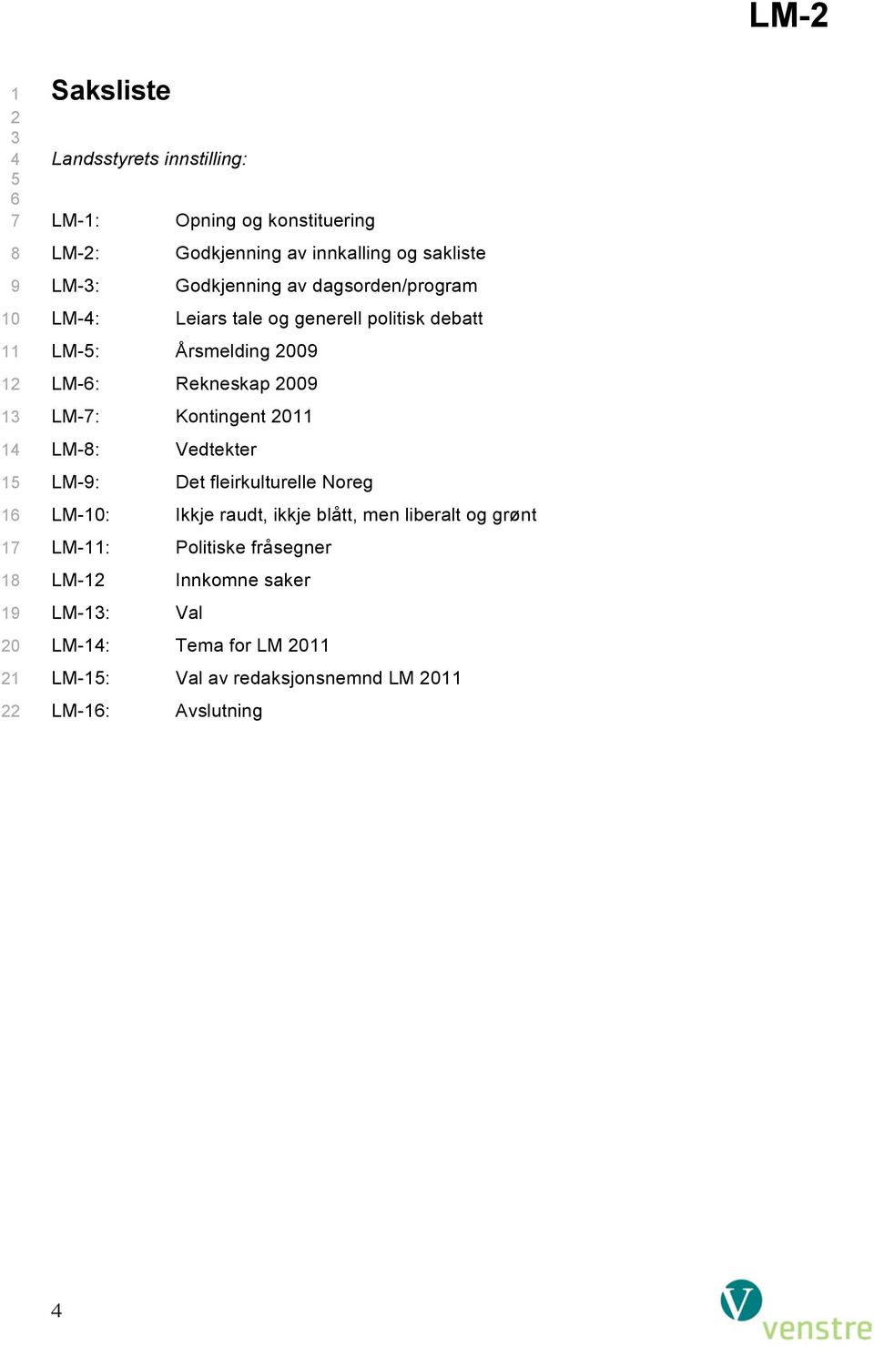 2009 LM-6: Rekneskap 2009 LM-7: Kontingent 2011 LM-8: Vedtekter LM-9: Det fleirkulturelle Noreg LM-10: Ikkje raudt, ikkje blått, men liberalt