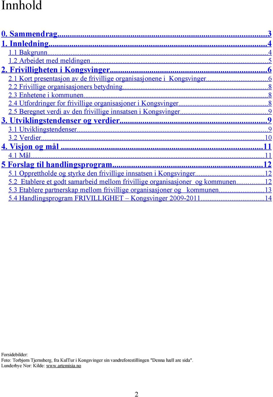 .. 8 2.5 Beregnet verdi av den frivillige innsatsen i Kongsvinger... 9 3. Utviklingstendenser og verdier... 9 3.1 Utviklingstendenser... 9 3.2 Verdier... 10 4. Visjon og mål... 11 4.1 Mål.