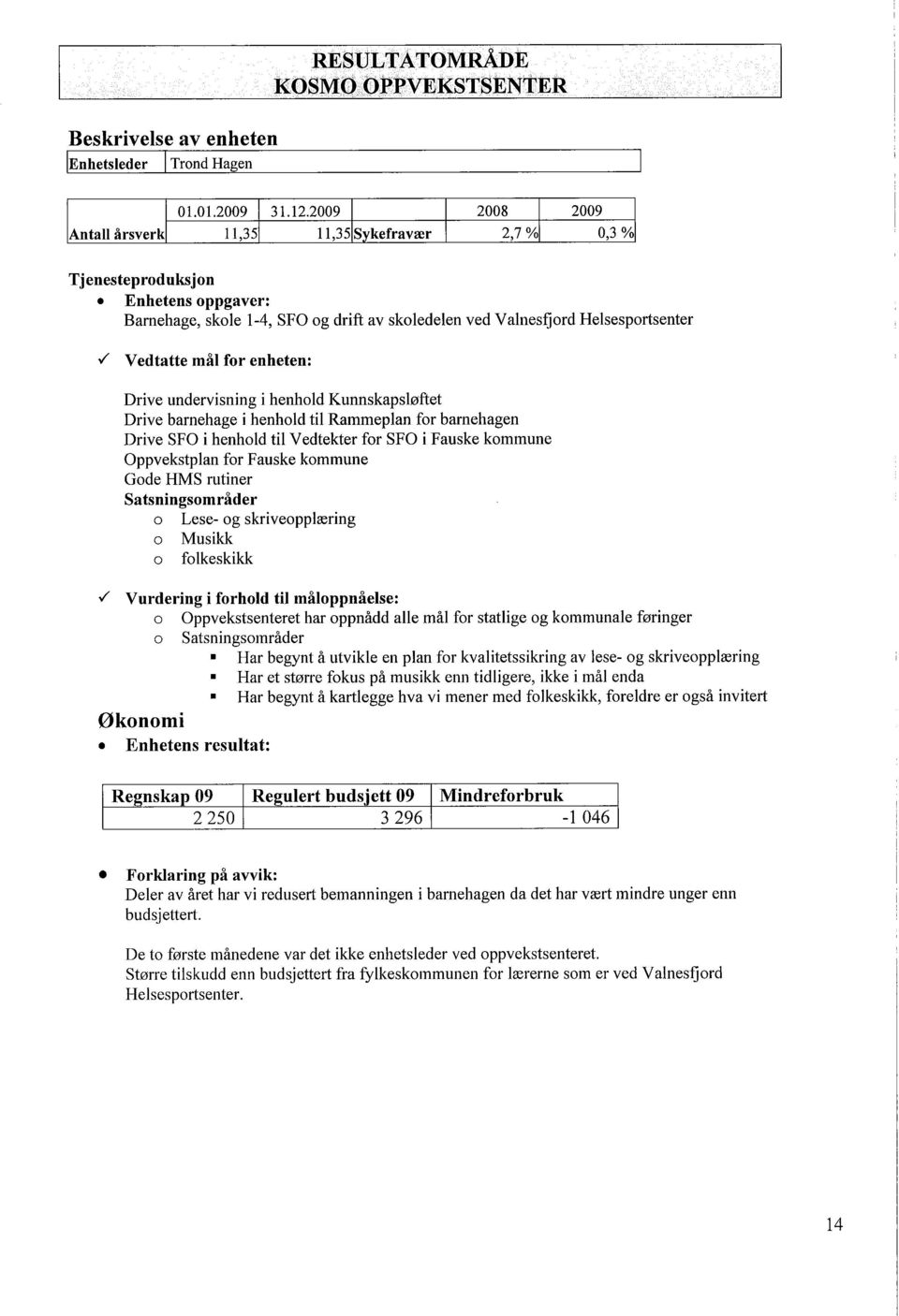 . Vedtatte mål for : Drive undervisning i henhold Kunnskapsløftet Drive barnehage i henhold til Rammeplan for barnehagen Drive SFO i henhold til Vedtekter for SFO i Fauske kommune Oppvekstplan for