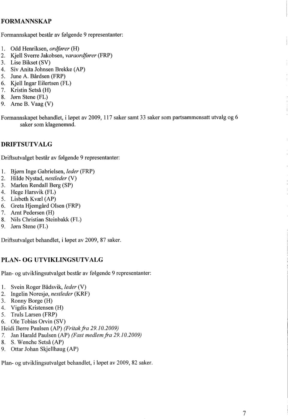 Vaag (V) Formannskapet behandlet, i løpet av 2009, L 17 saker samt 33 saker som partsammensatt utvalg og 6 saker som klagenemnd. DRIFTSUTVALG Driftsutvalget består av følgende 9 representanter: 1.