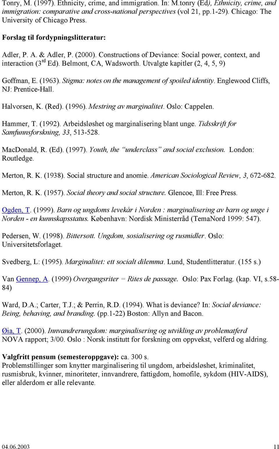 Belmont, CA, Wadsworth. Utvalgte kapitler (2, 4, 5, 9) Goffman, E. (1963). Stigma: notes on the management of spoiled identity. Englewood Cliffs, NJ: Prentice-Hall. Halvorsen, K. (Red). (1996).