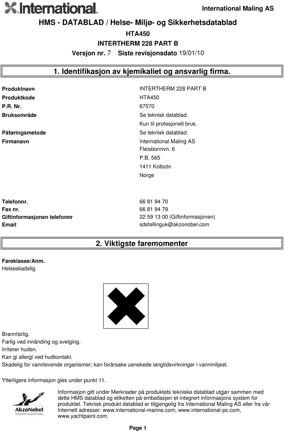 66 81 94 79 Giftinformasjonen telefonnr 22 59 13 00 (Giftinformasjonen) Email sdsfellinguk@akzonobel.com 2. Viktigste faremomenter Fareklasse/Anm. Helseskadelig Brannfarlig.