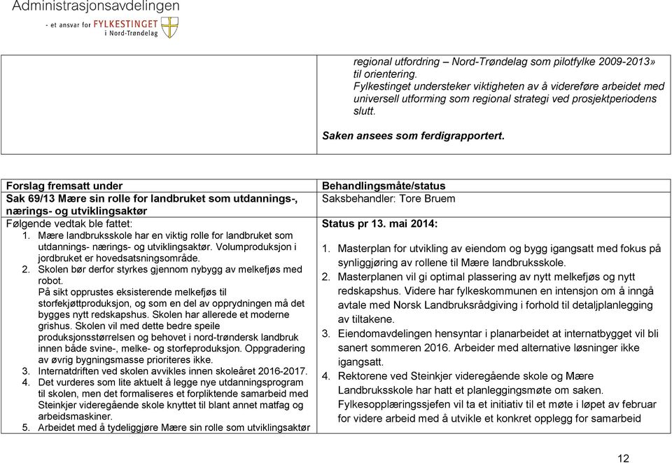 Forslag fremsatt under Sak 69/13 Mære sin rolle for landbruket som utdannings-, nærings- og utviklingsaktør Følgende vedtak ble fattet: 1.