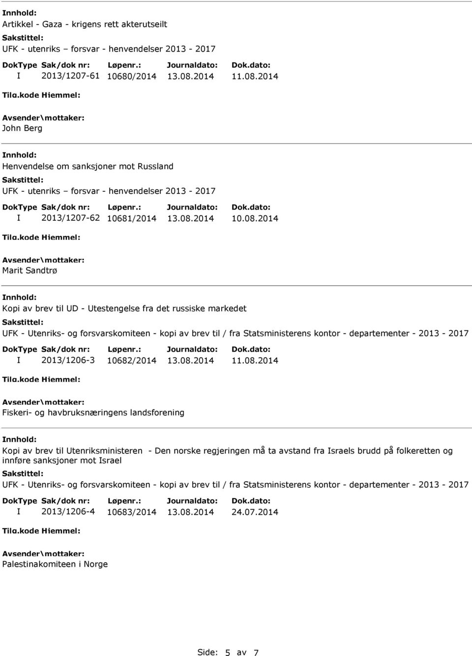 2014 Marit Sandtrø Kopi av brev til D - testengelse fra det russiske markedet FK - tenriks- og forsvarskomiteen - kopi av brev til / fra Statsministerens kontor - departementer - 2013-2017