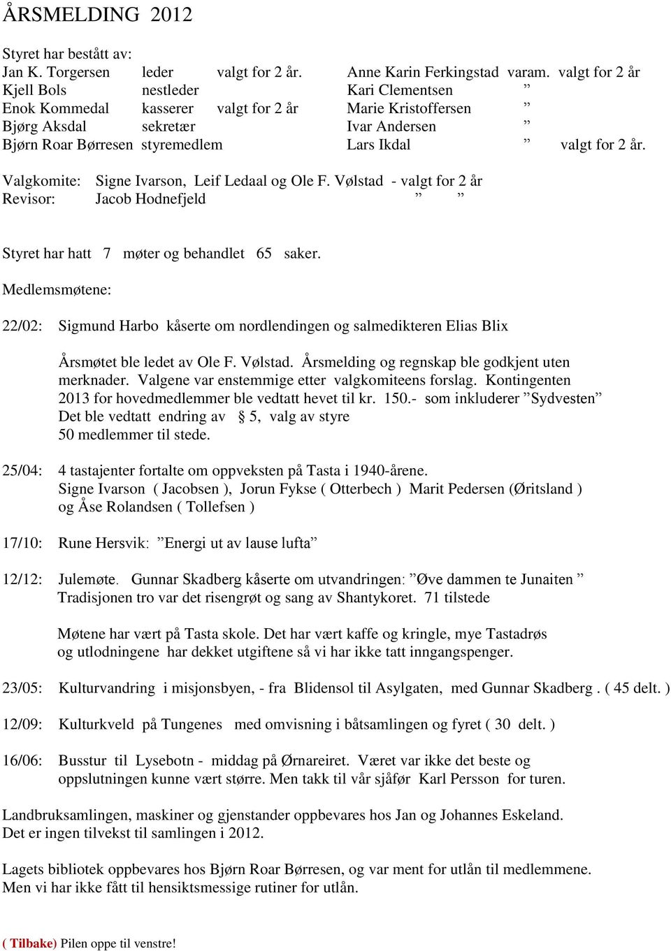 2 år. Valgkomite: Signe Ivarson, Leif Ledaal og Ole F. Vølstad - valgt for 2 år Revisor: Jacob Hodnefjeld Styret har hatt 7 møter og behandlet 65 saker.