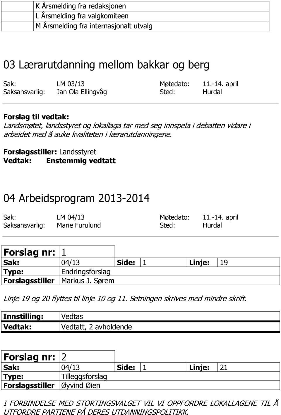 lærarutdanningene. Enstemmig vedtatt 04 Arbeidsprogram 2013-2014 Sak: LM 04/13 Møtedato: 11.-14.