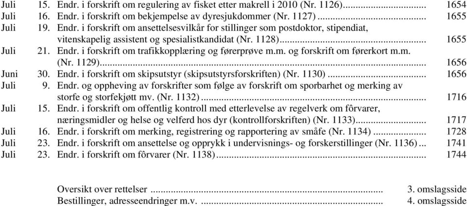 1130)... 1656 Juli 9. Endr. og oppheving av forskrifter som følge av forskrift om sporbarhet og merking av storfe og storfekjøtt mv. (Nr. 1132)... 1716 Juli 15. Endr. i forskrift om offentlig kontroll med etterlevelse av regelverk om fôrvarer, næringsmidler og helse og velferd hos dyr (kontrollforskriften) (Nr.