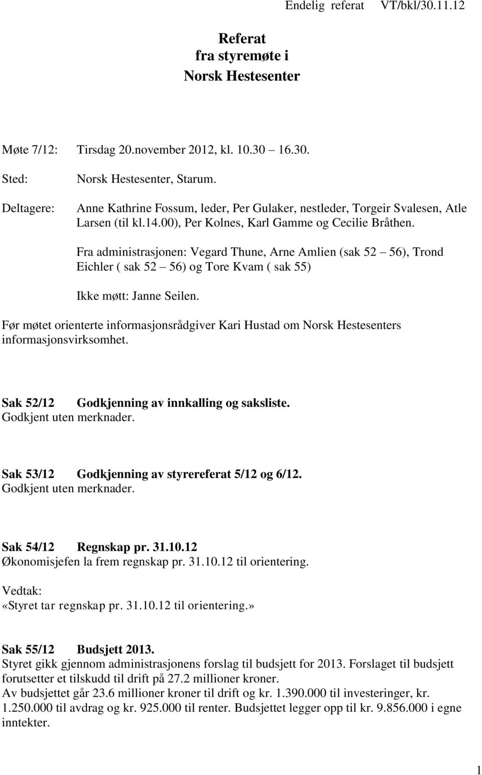 Fra administrasjonen: Vegard Thune, Arne Amlien (sak 52 56), Trond Eichler ( sak 52 56) og Tore Kvam ( sak 55) Ikke møtt: Janne Seilen.