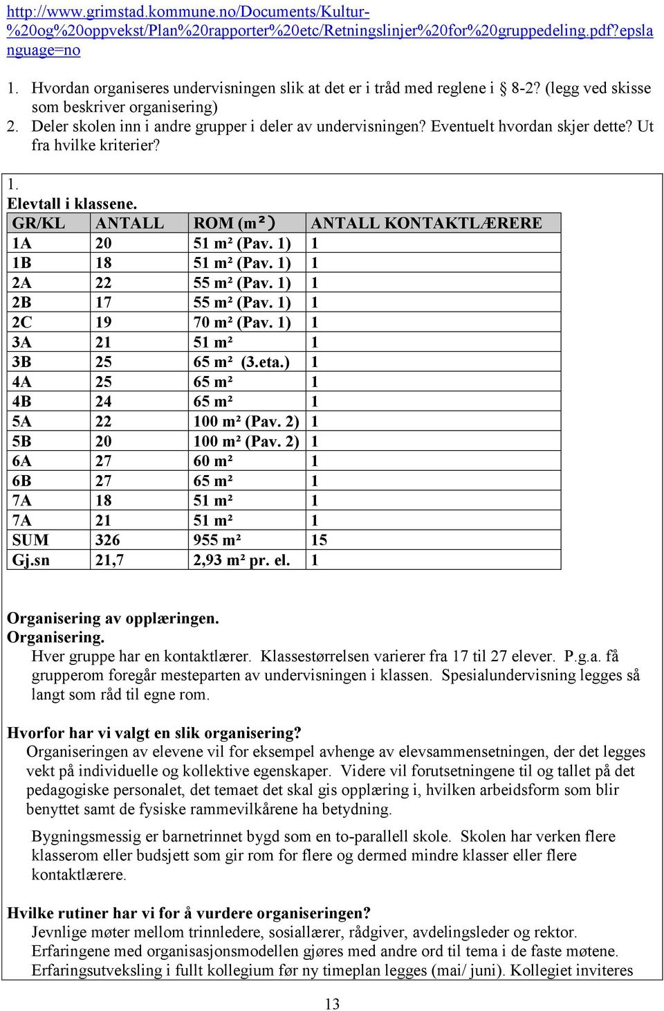 Eventuelt hvordan skjer dette? Ut fra hvilke kriterier? Elevtall i klassene. GR/KL ANTALL ROM (m²) ANTALL KONTAKTLÆRERE 1A 20 51 m² (Pav. 1) 1 1B 18 51 m² (Pav. 1) 1 2A 22 55 m² (Pav.