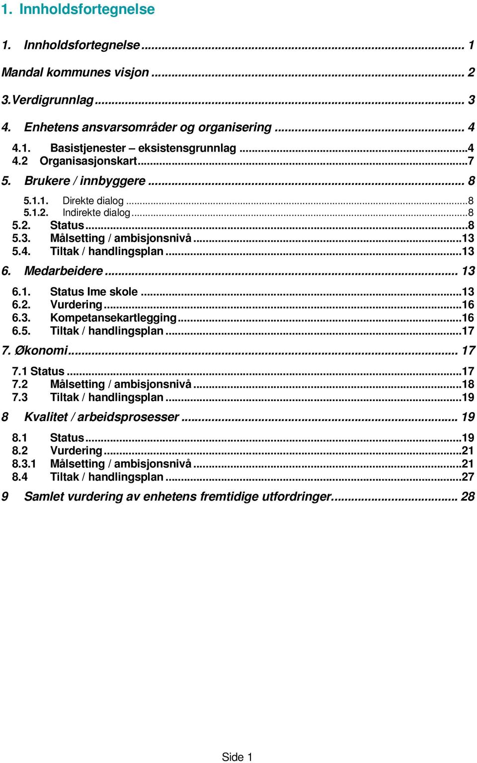 ..13 6.2. Vurdering...16 6.3. Kompetansekartlegging...16 6.5. Tiltak / handlingsplan...17 7. Økonomi... 17 7.1 Status...17 7.2 Målsetting / ambisjonsnivå...18 7.3 Tiltak / handlingsplan.