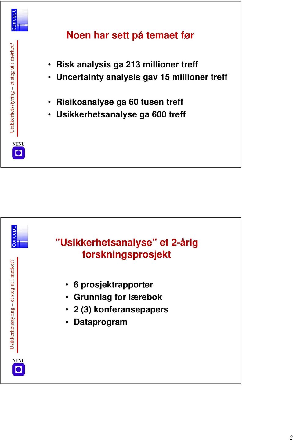 ga 60 tusen treff Usikkerhetsanalyse ga 600 treff NTNU Usikkerhetsstyring et steg ut i mørket?