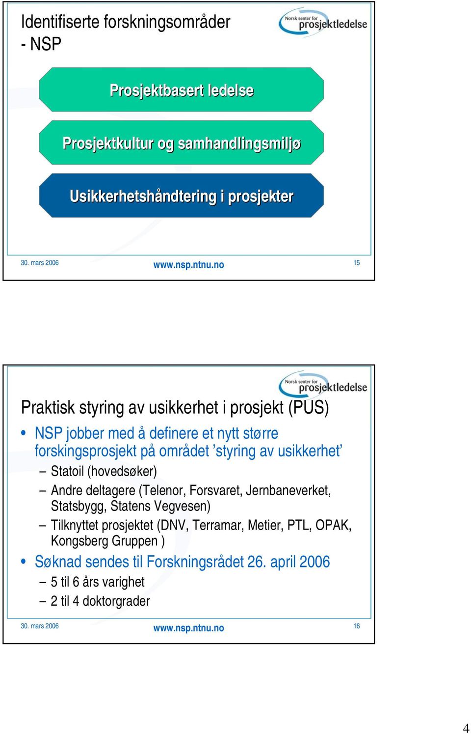 Statoil (hovedsøker) Andre deltagere (Telenor, Forsvaret, Jernbaneverket, Statsbygg, Statens Vegvesen) Tilknyttet prosjektet (DNV, Terramar, Metier,