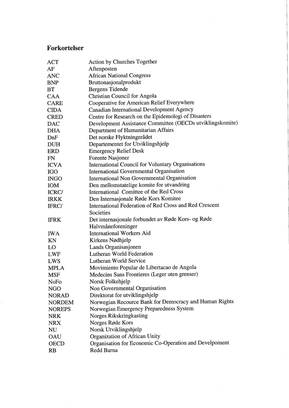 Development Agency Centre for Research on the Epidemologi of Disasters Development Assistance Committee (OECDs utviklingskomite) Department of Humanitarian Affairs Det norske Flyktningerådet