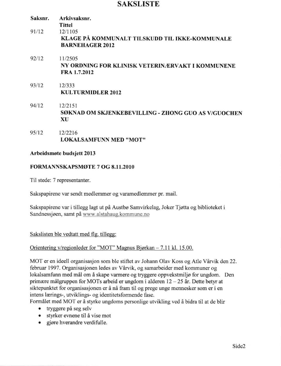 2012 KULTURMIDLER 2012 SØKNAD OM SKJENKEBEVILLING - ZHONG GUO AS V/GUOCHEN XU LOKALSAMFUNN MED "MOT" Arbeidsmøte budsjett 2013 FORMANNSKAPSMØTE 7 OG 8.11.2010 Til stede: 7 representanter.