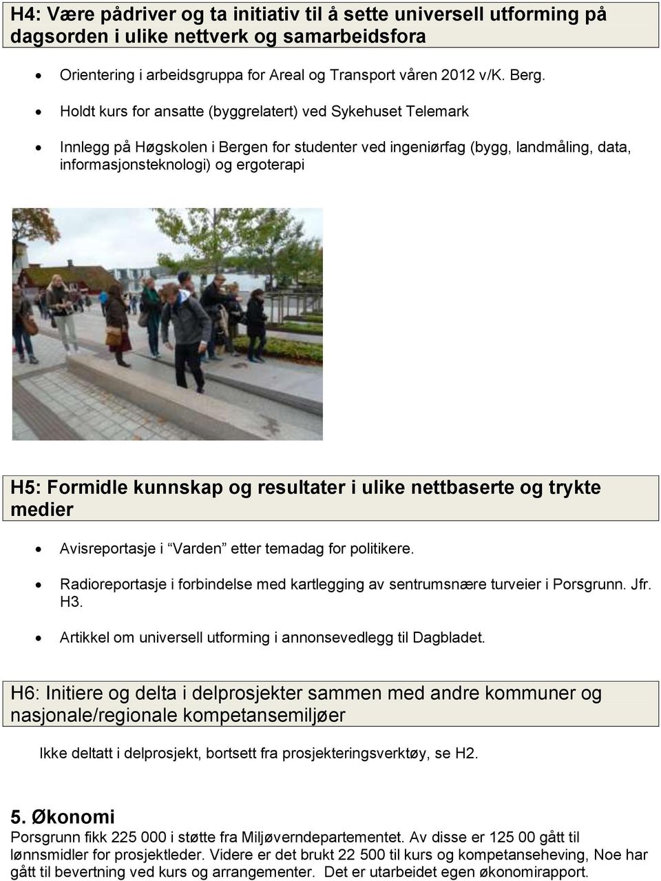 kunnskap og resultater i ulike nettbaserte og trykte medier Avisreportasje i Varden etter temadag for politikere. Radioreportasje i forbindelse med kartlegging av sentrumsnære turveier i Porsgrunn.