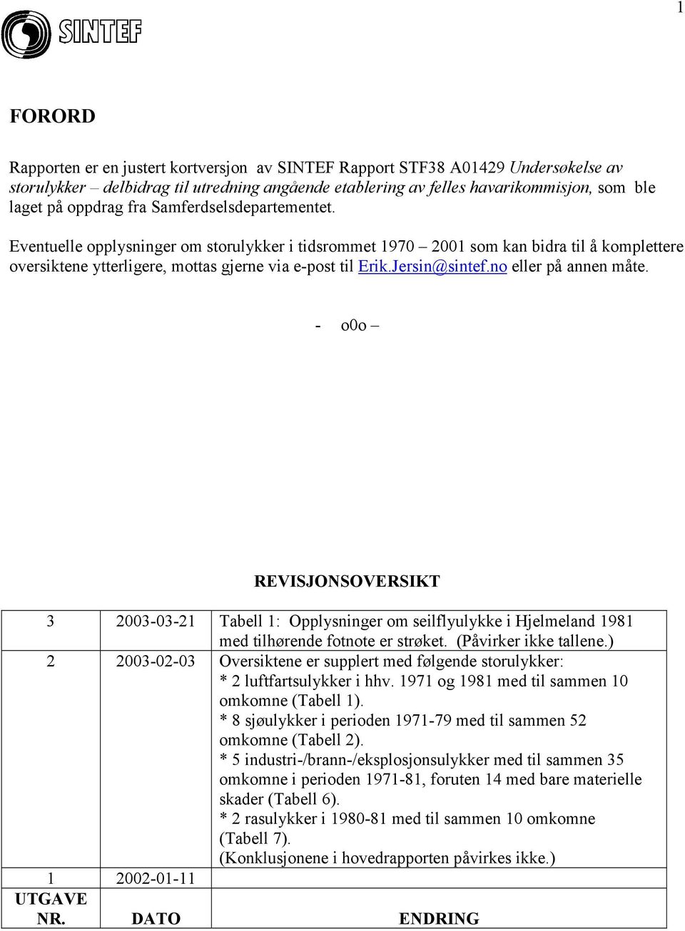 no eller på annen måte. - o0o REVISJONSOVERSIKT 3 2003-03-21 Tabell 1: Opplysninger om seilflyulykke i Hjelmeland 1981 med tilhørende fotnote er strøket. (Påvirker ikke tallene.