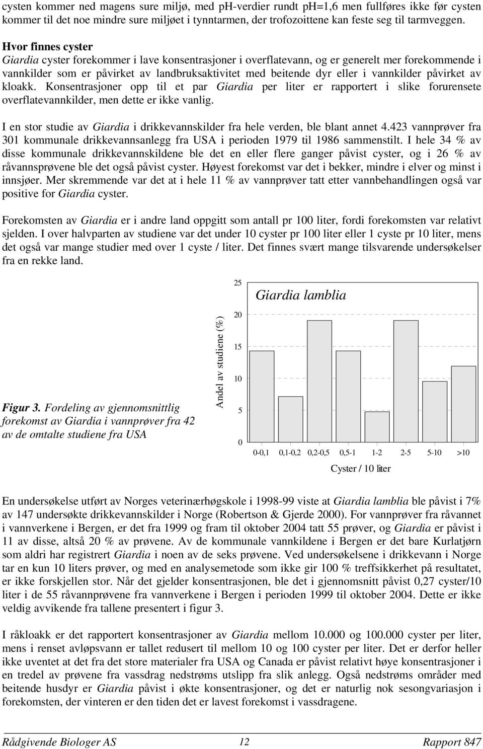 vannkilder påvirket av kloakk. Konsentrasjoner opp til et par Giardia per liter er rapportert i slike forurensete overflatevannkilder, men dette er ikke vanlig.