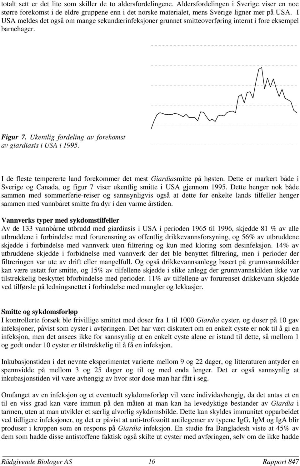 Andel av årets tilfeller (%) 5 4 3 2 Årsvariasjon Giardiasis USA 1995,,,,,,,,,,,,,,,,,,,,,,,,,,,,, 1,,,,,,,,,,,,,,,,,,,, 0 1 5 10 15 20 25 30 35 40 45 50 Uke nr,, I de fleste tempererte land