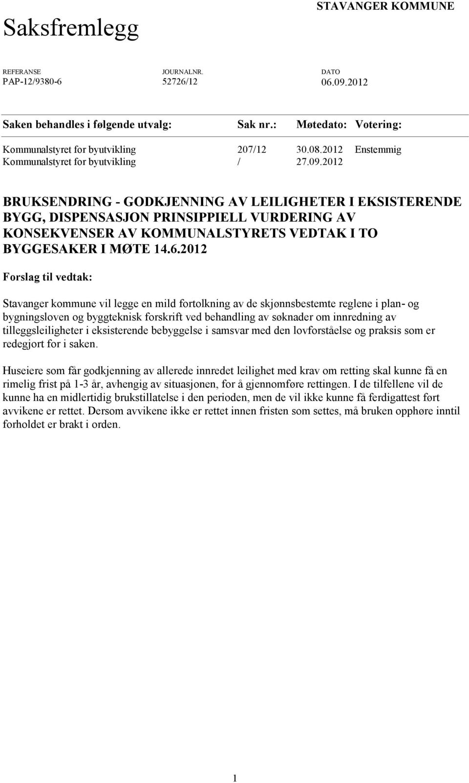 2012 BRUKSENDRING - GODKJENNING AV LEILIGHETER I EKSISTERENDE BYGG, DISPENSASJON PRINSIPPIELL VURDERING AV KONSEKVENSER AV KOMMUNALSTYRETS VEDTAK I TO BYGGESAKER I MØTE 14.6.