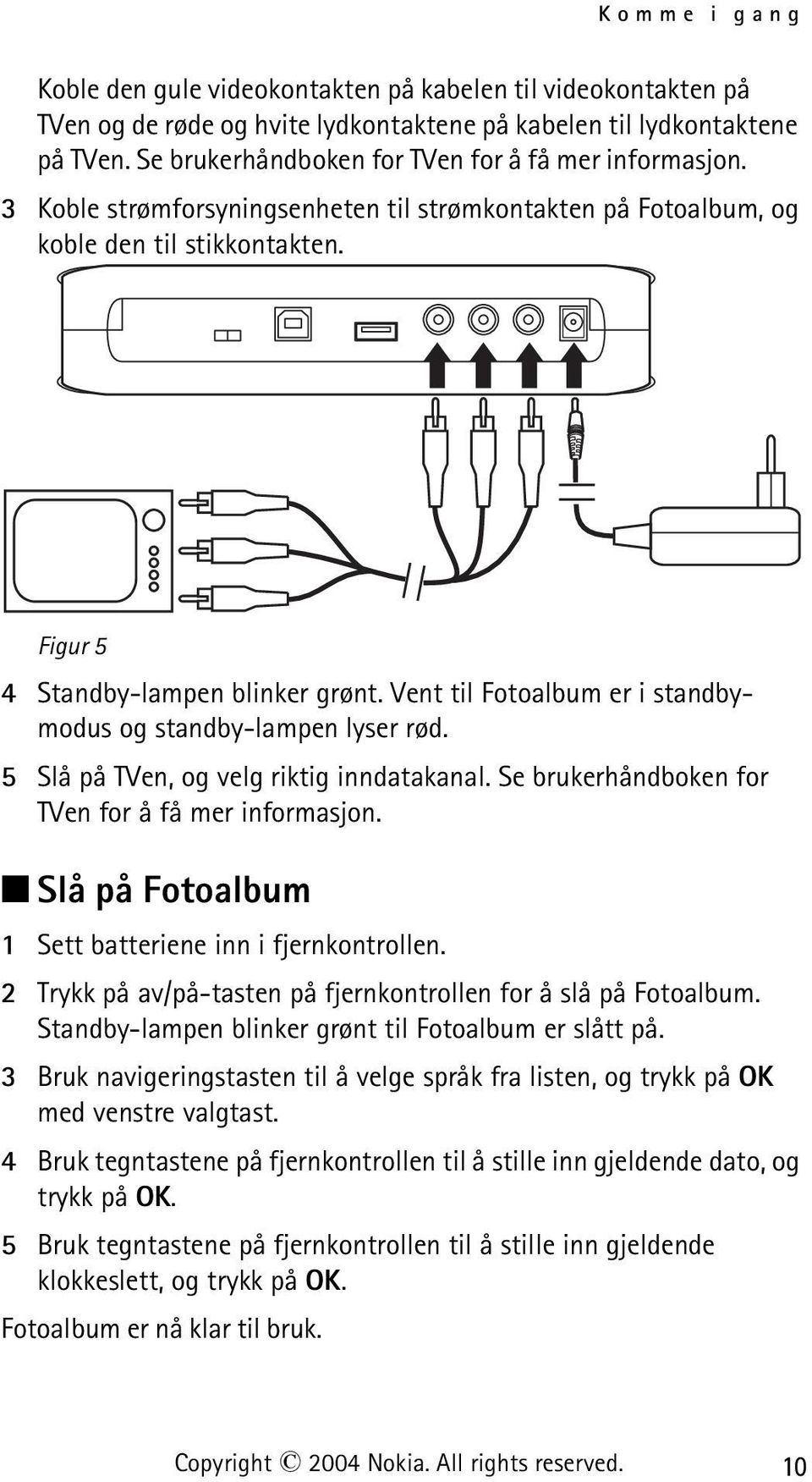 Vent til Fotoalbum er i standbymodus og standby-lampen lyser rød. 5 Slå på TVen, og velg riktig inndatakanal. Se brukerhåndboken for TVen for å få mer informasjon.