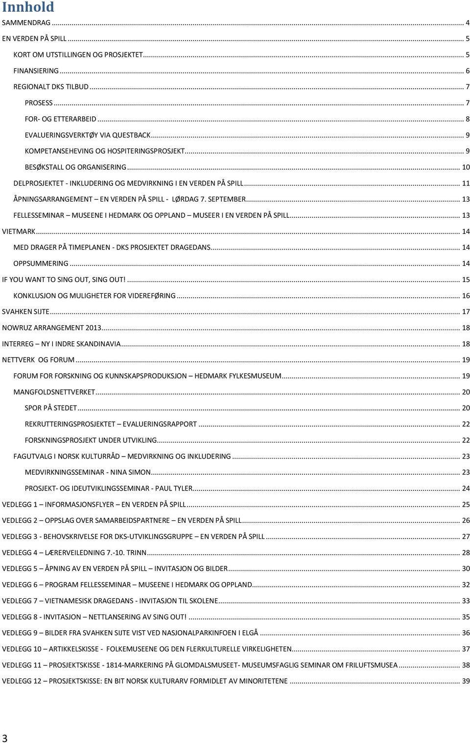 .. 11 ÅPNINGSARRANGEMENT EN VERDEN PÅ SPILL - LØRDAG 7. SEPTEMBER... 13 FELLESSEMINAR MUSEENE I HEDMARK OG OPPLAND MUSEER I EN VERDEN PÅ SPILL... 13 VIETMARK.