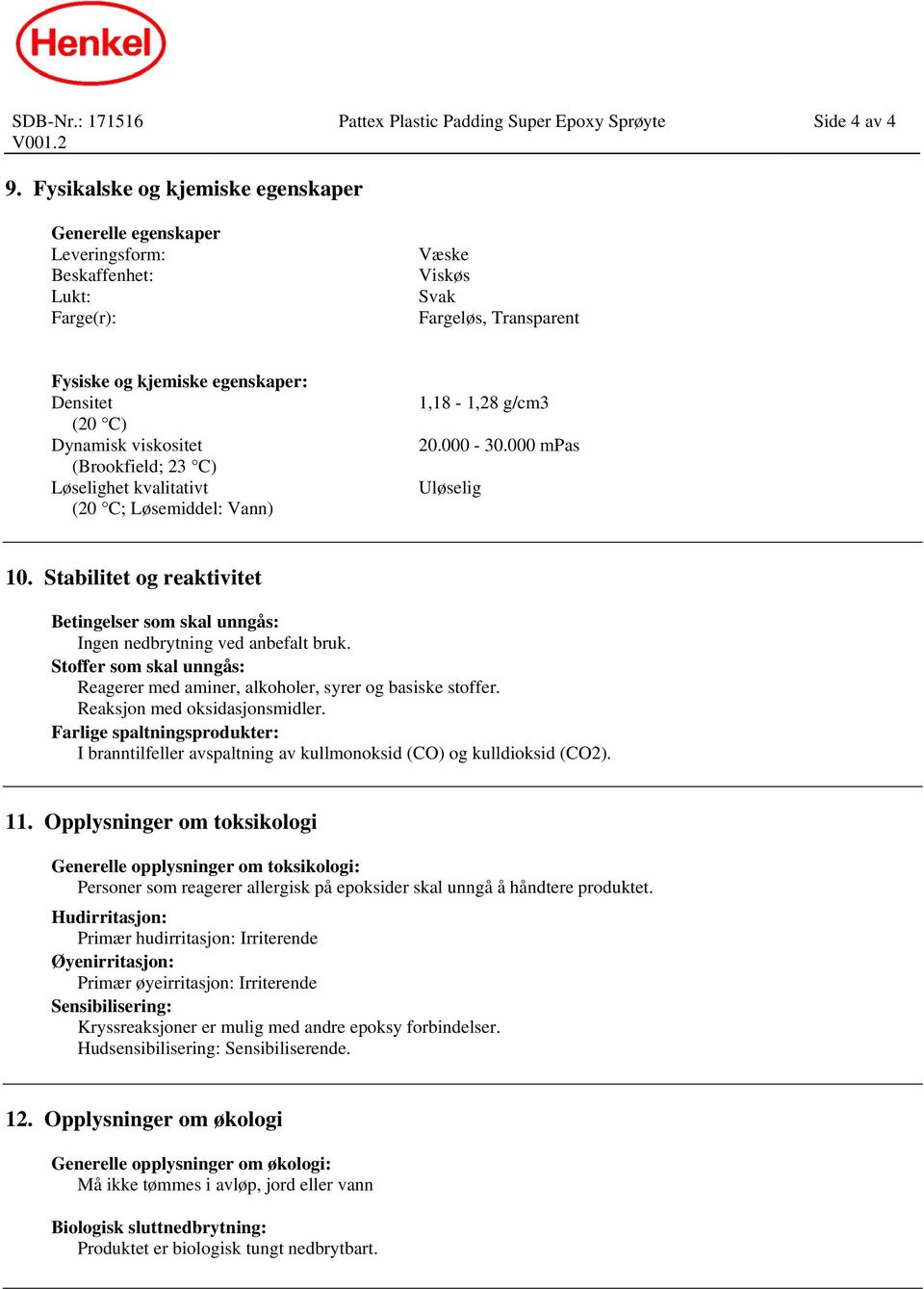 viskositet (Brookfield; 23 C) Løselighet kvalitativt (20 C; Løsemiddel: Vann) 1,18-1,28 g/cm3 20.000-30.000 mpas Uløselig 10.