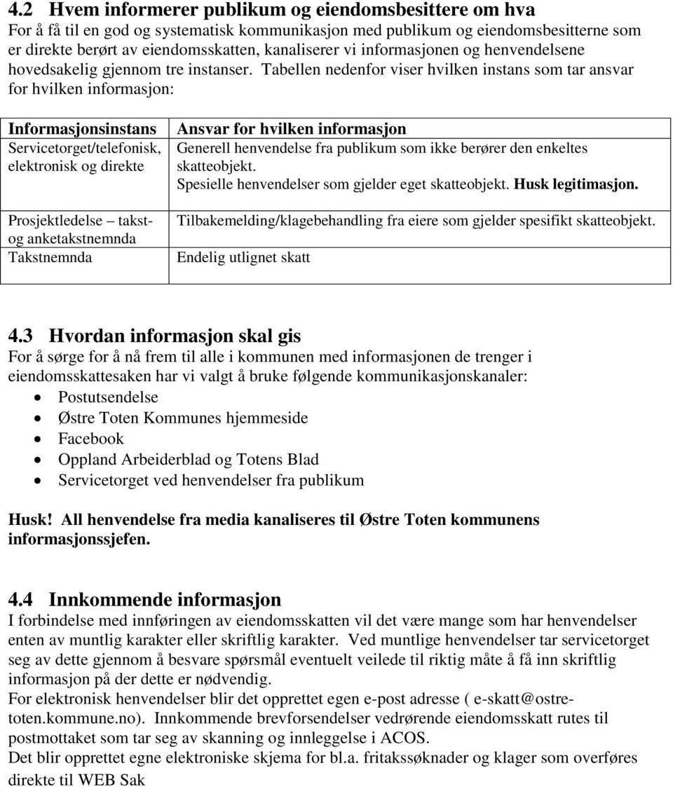 Tabellen nedenfor viser hvilken instans som tar ansvar for hvilken informasjon: Informasjonsinstans Servicetorget/telefonisk, elektronisk og direkte Prosjektledelse takstog anketakstnemnda