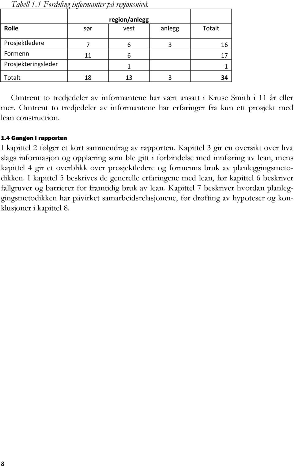 år eller mer. Omtrent to tredjedeler av informantene har erfaringer fra kun ett prosjekt med lean construction. 1.4 Gangen i rapporten I kapittel 2 følger et kort sammendrag av rapporten.