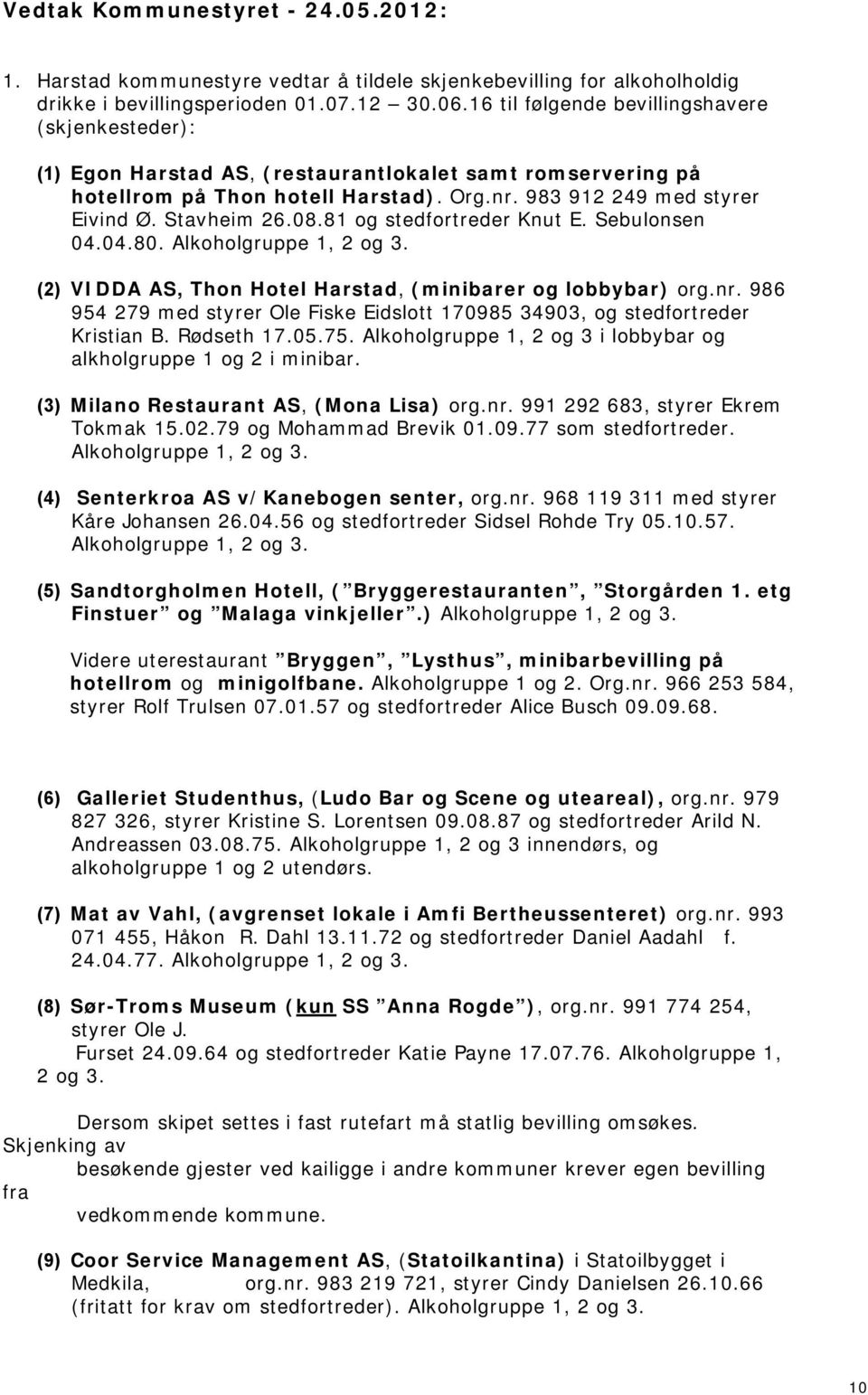 08.81 og stedfortreder Knut E. Sebulonsen 04.04.80. Alkoholgruppe 1, 2 og 3. (2) VIDDA AS, Thon Hotel Harstad, (minibarer og lobbybar) org.nr.