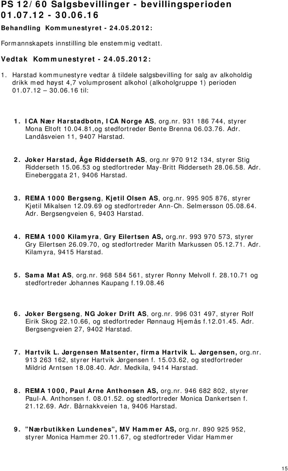 Joker Harstad, Åge Ridderseth AS, org.nr 970 912 134, styrer Stig Ridderseth 15.06.53 og stedfortreder May-Britt Ridderseth 28.06.58. Adr. Eineberggata 21, 9406 Harstad. 3.