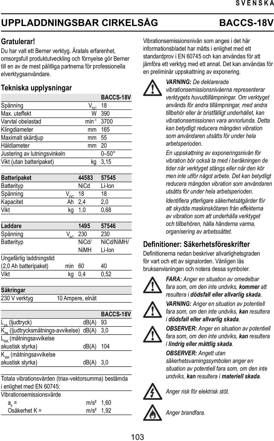 Tekniska upplysningar BACCS-18V Spänning V DC 18 Max.