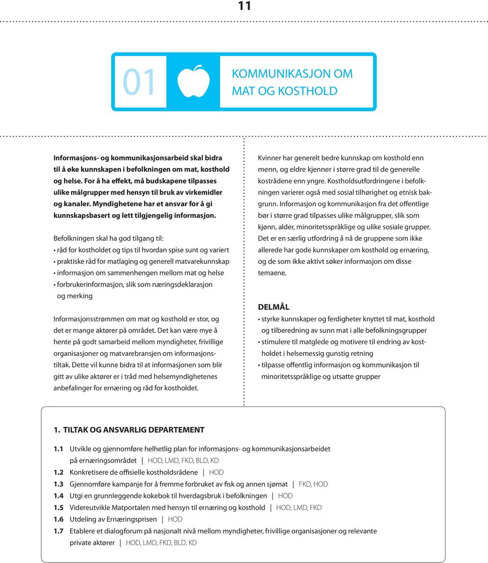 Befolkningen skal ha god tilgang til: råd for kostholdet og tips til hvordan spise sunt og variert praktiske råd for matlaging og generell matvarekunnskap informasjon om sammenhengen mellom mat og