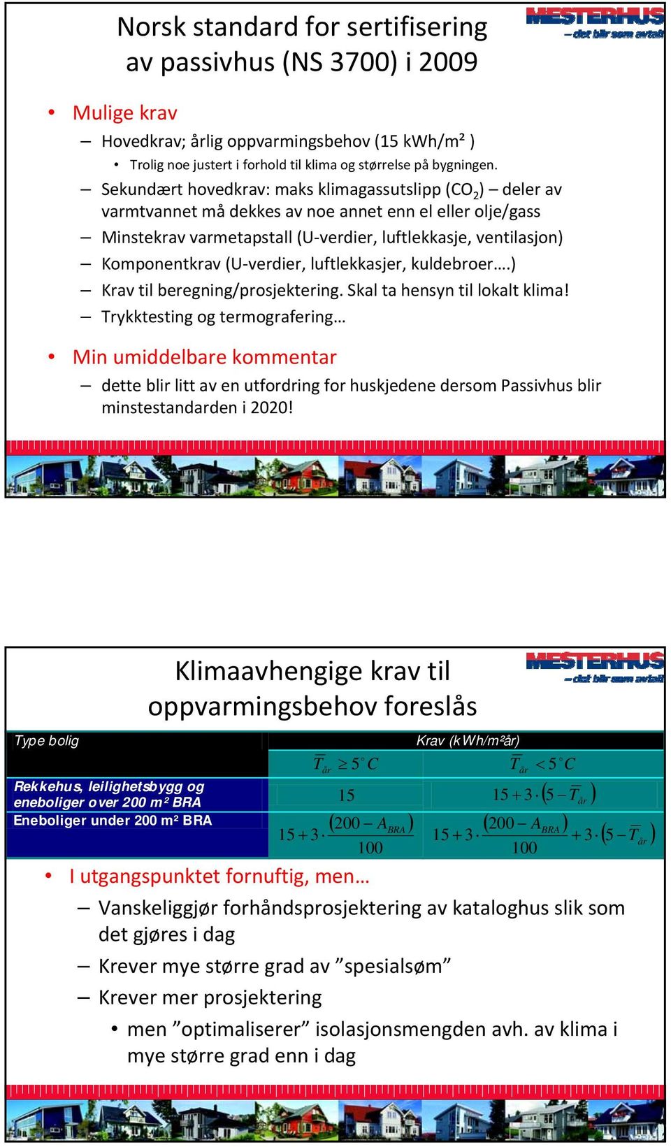 verdier, luftlekkasjer, kuldebroer.) Krav til beregning/prosjektering. Skal ta hensyn til lokalt klima!