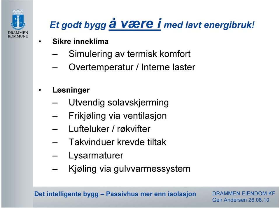 Interne laster Løsninger Utvendig solavskjerming Frikjøling via