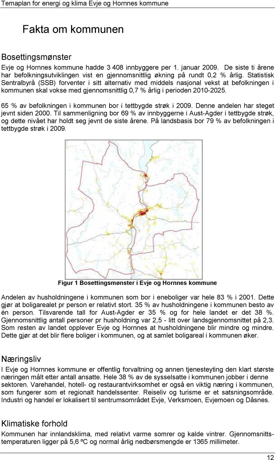 65 % av befolkningen i kommunen bor i tettbygde strøk i 2009. Denne andelen har steget jevnt siden 2000.