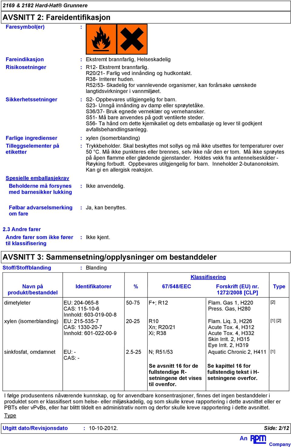 R52/53- Skadelig for vannlevende organismer, kan forårsake uønskede langtidsvirkninger i vannmiljøet. S2- Oppbevares utilgjengelig for barn. S23- Unngå innånding av damp eller sprøytetåke.