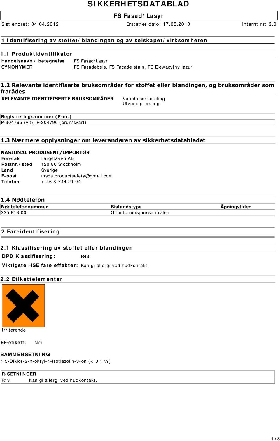 ) P-304795 (vit), P-304796 (brun/svart) 1.3 Nærmere opplysninger om leverandøren av sikkerhetsdatabladet NASJONAL PRODUSENT/IMPORTØR Foretak Färgstaven AB Postnr.