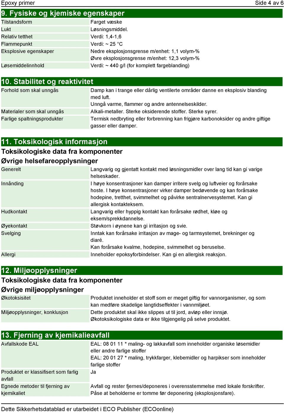 g/l (for komplett fargeblanding) 10. Stabilitet og reaktivitet Forhold som skal unngås Materialer som skal unngås Farlige spaltningsprodukter 11.