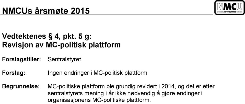 Sentralstyret Ingen endringer i MC-politisk plattform MC-politiske plattform ble