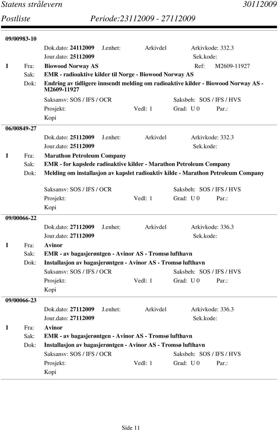 Saksansv: SOS / FS / OCR Saksbeh: SOS / FS / HVS Dok.dato: 25112009 J.enhet: Arkivdel Arkivkode: 332.