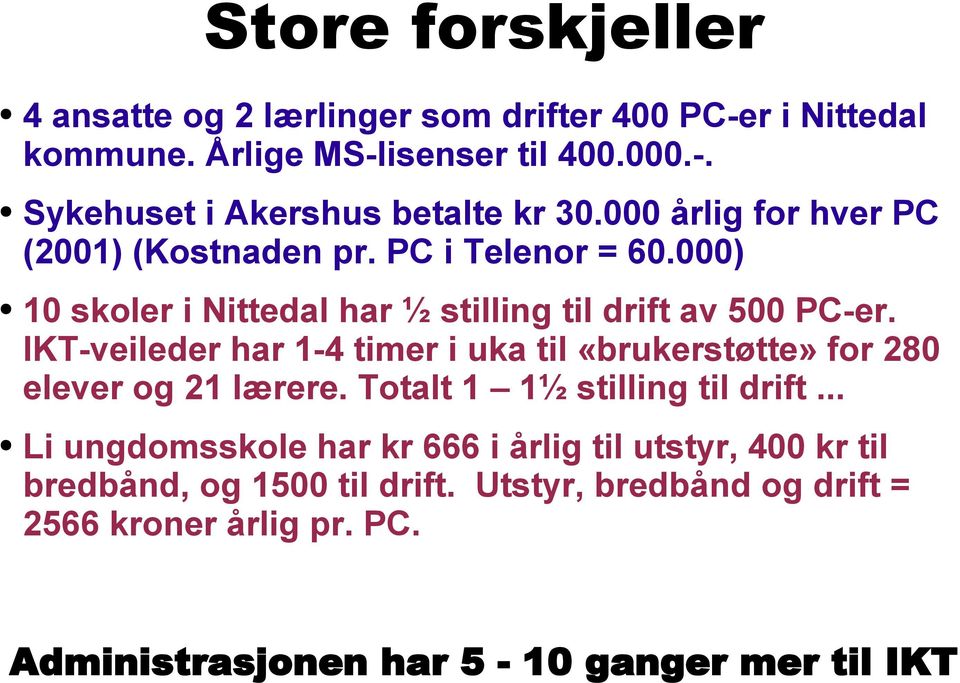 IKT-veileder har 1-4 timer i uka til «brukerstøtte» for 280 elever og 21 lærere. Totalt 1 1½ stilling til drift.