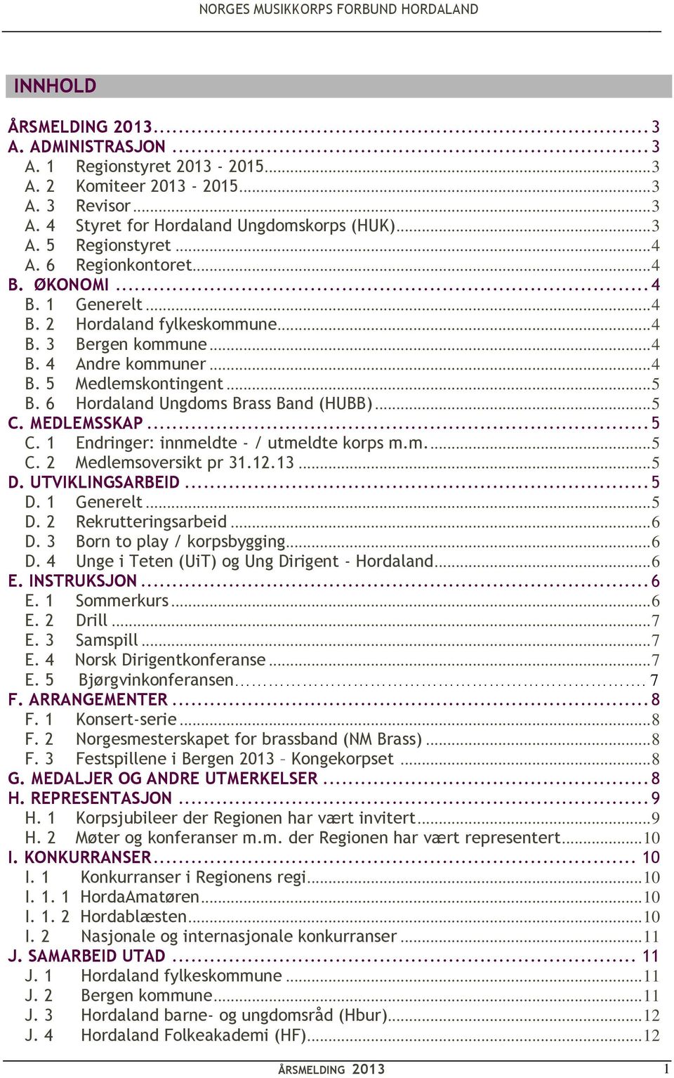 6 Hordaland Ungdoms Brass Band (HUBB)... 5 C. MEDLEMSSKAP... 5 C. 1 Endringer: innmeldte - / utmeldte korps m.m.... 5 C. 2 Medlemsoversikt pr 31.12.13... 5 D. UTVIKLINGSARBEID... 5 D. 1 Generelt... 5 D. 2 Rekrutteringsarbeid.