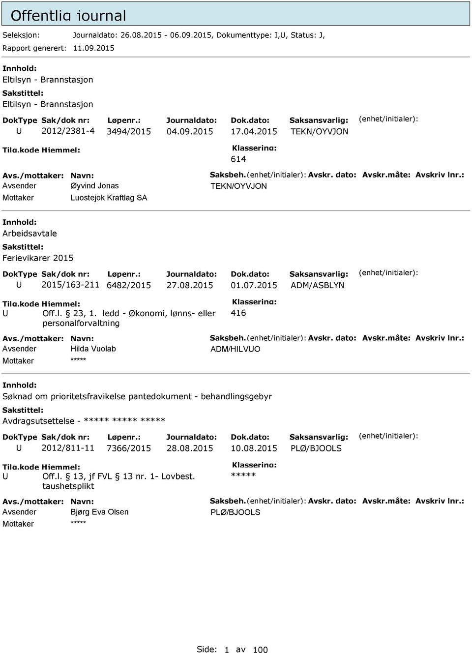 ledd - Økonomi, lønns- eller personalforvaltning 416 Avs./mottaker: Navn: Saksbeh. Avskr. dato: Avskr.måte: Avskriv lnr.