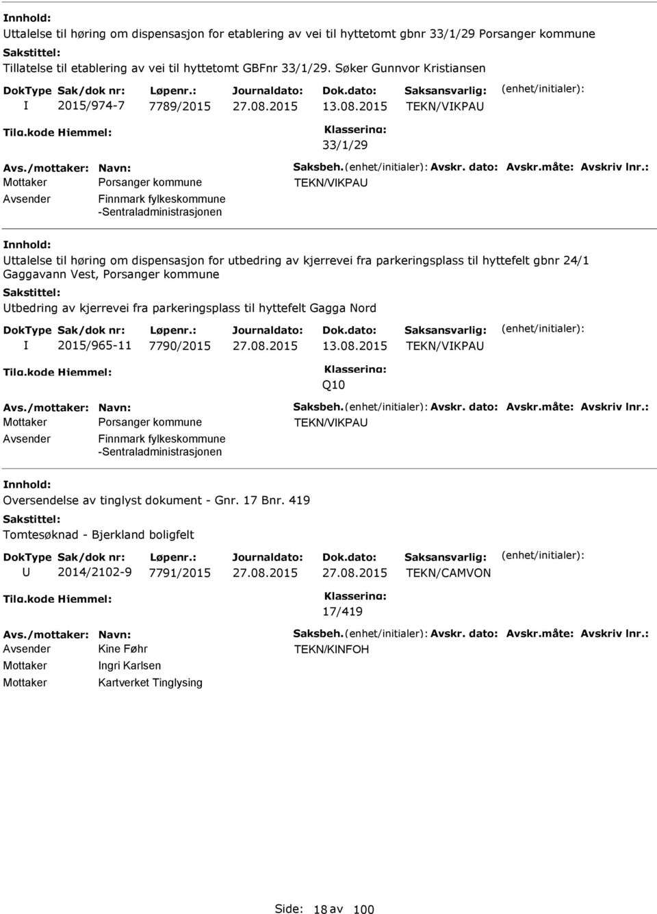 : TEKN/VKPA Avsender Finnmark fylkeskommune -Sentraladministrasjonen ttalelse til høring om dispensasjon for utbedring av kjerrevei fra parkeringsplass til hyttefelt gbnr 24/1 Gaggavann Vest,